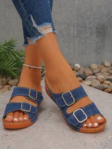 Plus Size EU36-45 Casual Blue Slip-On Sandals For Women, New Summer Thick Bottom Wedge Heel Non-Slip Comfortable Beach Holiday Casual Sandals - Color-changing Imitation Super Blue Frosted - View 5