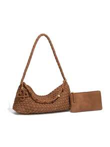 2件套女士麂皮编织单肩包、时尚流浪包、宽松手提包、新月形斜挎包和手提包套装、女士钱包 - 彩色 - 查看 15