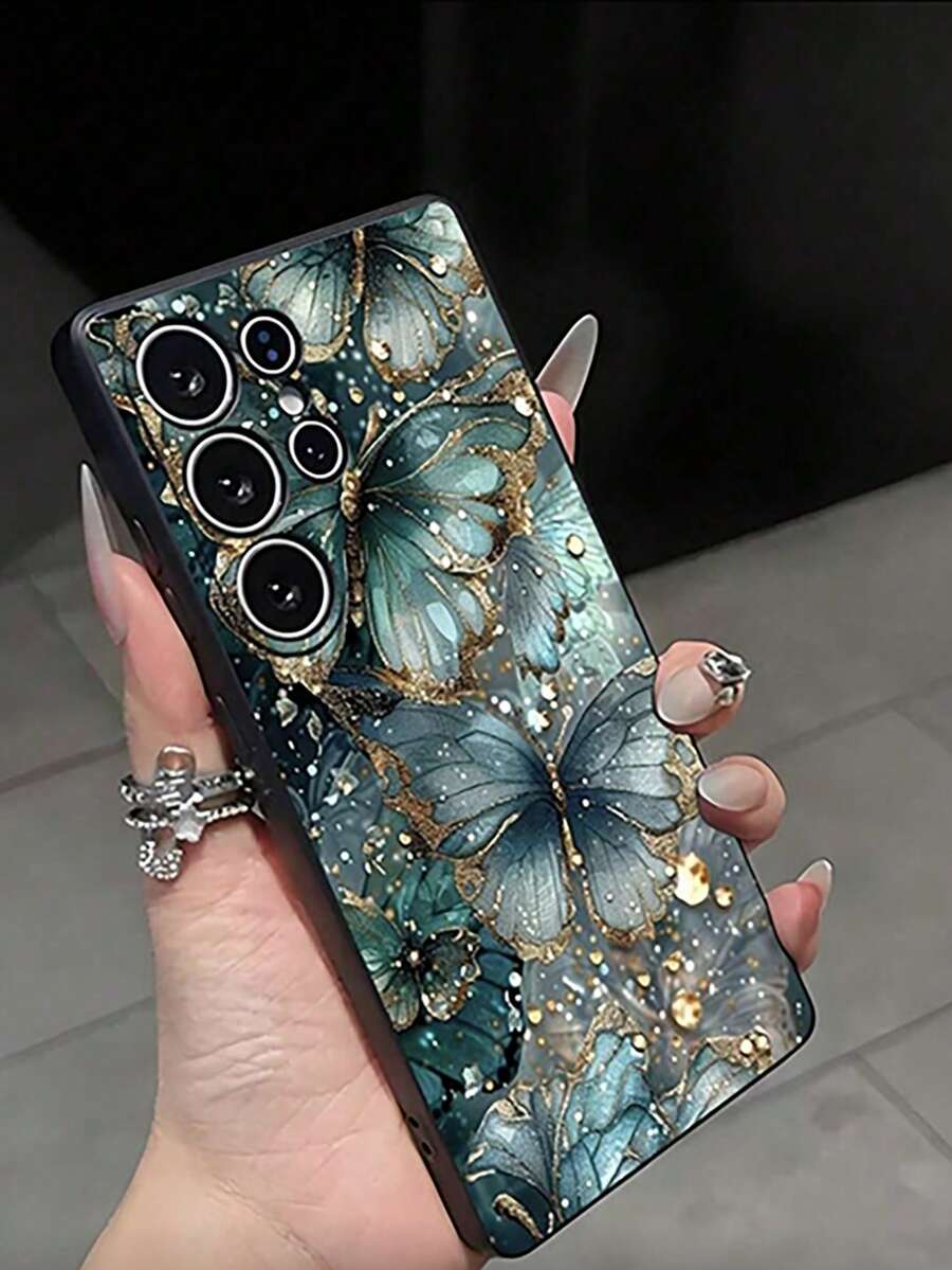 1pc Fashionable Green Butterfly & Flower Anti-Drop Anti-Slip Black Phone Case, Compatible With Galaxy S26 Ultra/A13/A14/A15/A34/A35/A52/A53/A54/S21+/S22/S23 Fe/S24/S25/S25 Ultra And Other Android Models, Suitable For Personal Use Or Gift - Black - View 1