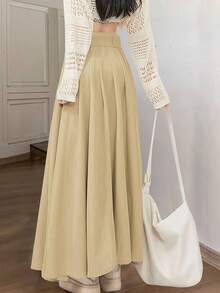 米黄色百褶长裙，适合通勤/约会/休闲穿着，飘逸挺括，A字廓形，带口袋，百搭日常穿搭 - 奶油黃 - 查看 2