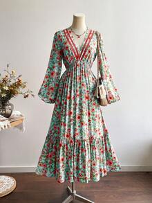 Rusttydustty 复古碎花泡泡袖V领长款连衣裙，波西米亚风度假装，长款碎花设计，适合新年、情人节及其他场合。 - 青碧色 - 查看 2