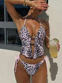 2pcs Women's Sexy Leopard Print Spaghetti Strap Backless Bikini Top With Drawstring, Contrast Color Tie Side Bikini Bottom, Beach Swimsuit Set, Suitable For Summer And Vacation - Black - View 7