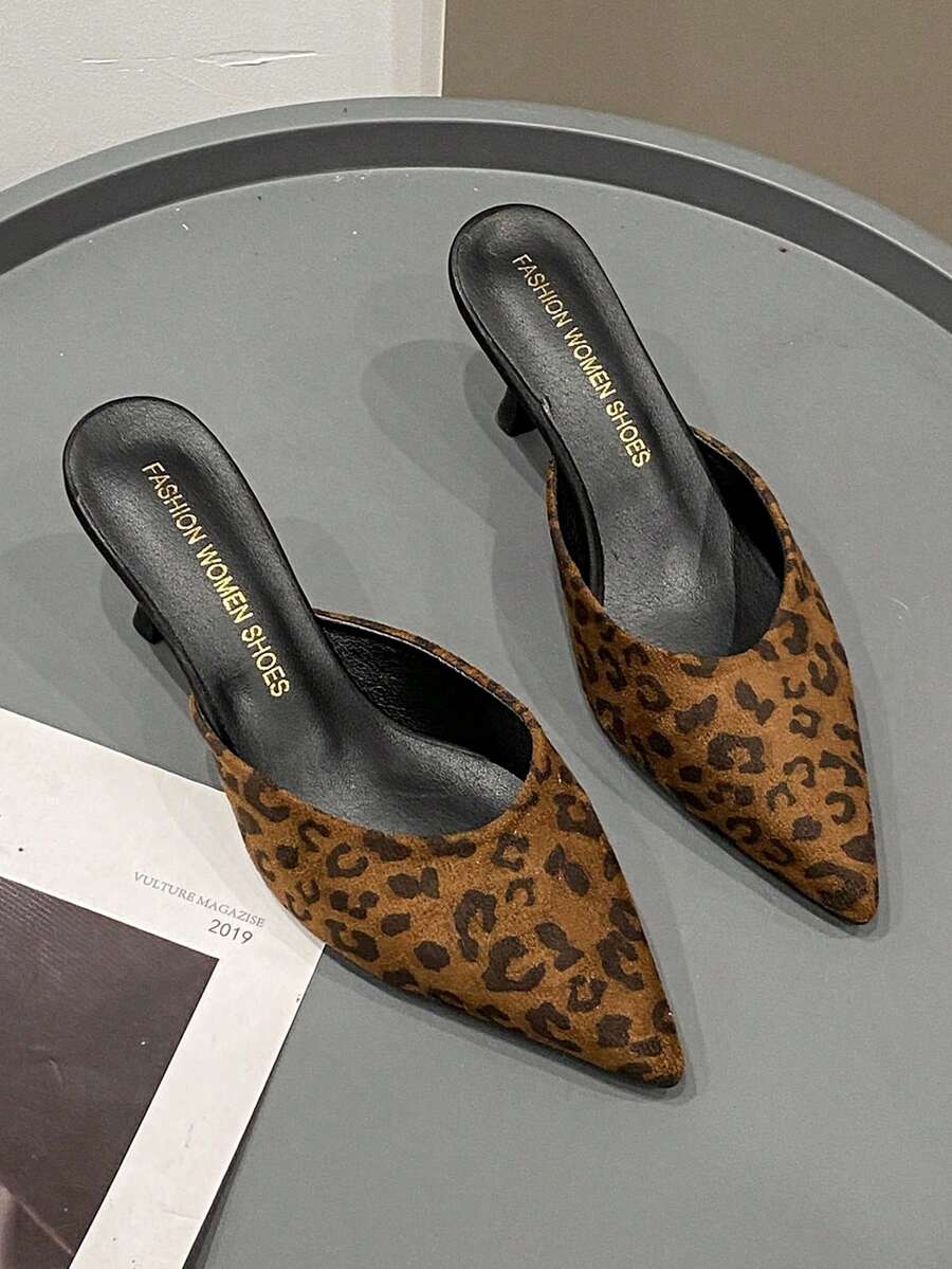 2026 New Leopard Print Slip-On Mule Sandals, Pointed Toe High Heel Slippers For Women, Suitable For Early Spring - Leopard Brown - View 1