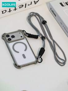 Koolife Juego de 2 piezas de funda de teléfono y correa [1 funda de teléfono a prueba de caídas de cuatro esquinas, 1 cordón desmontable], funda magnética transparente de PC+TPU con protección elevada para la lente, cordón cruzado, funda protectora anti-colisión, compatible con iPhone 13/13Pro/13ProMax/14/14Pro/14ProMax/14 Plus/15/15 Plus/15Pro/15ProMax/16/16Pro/16ProMax/17/17Pro/17ProMax - Gris - Ver 1