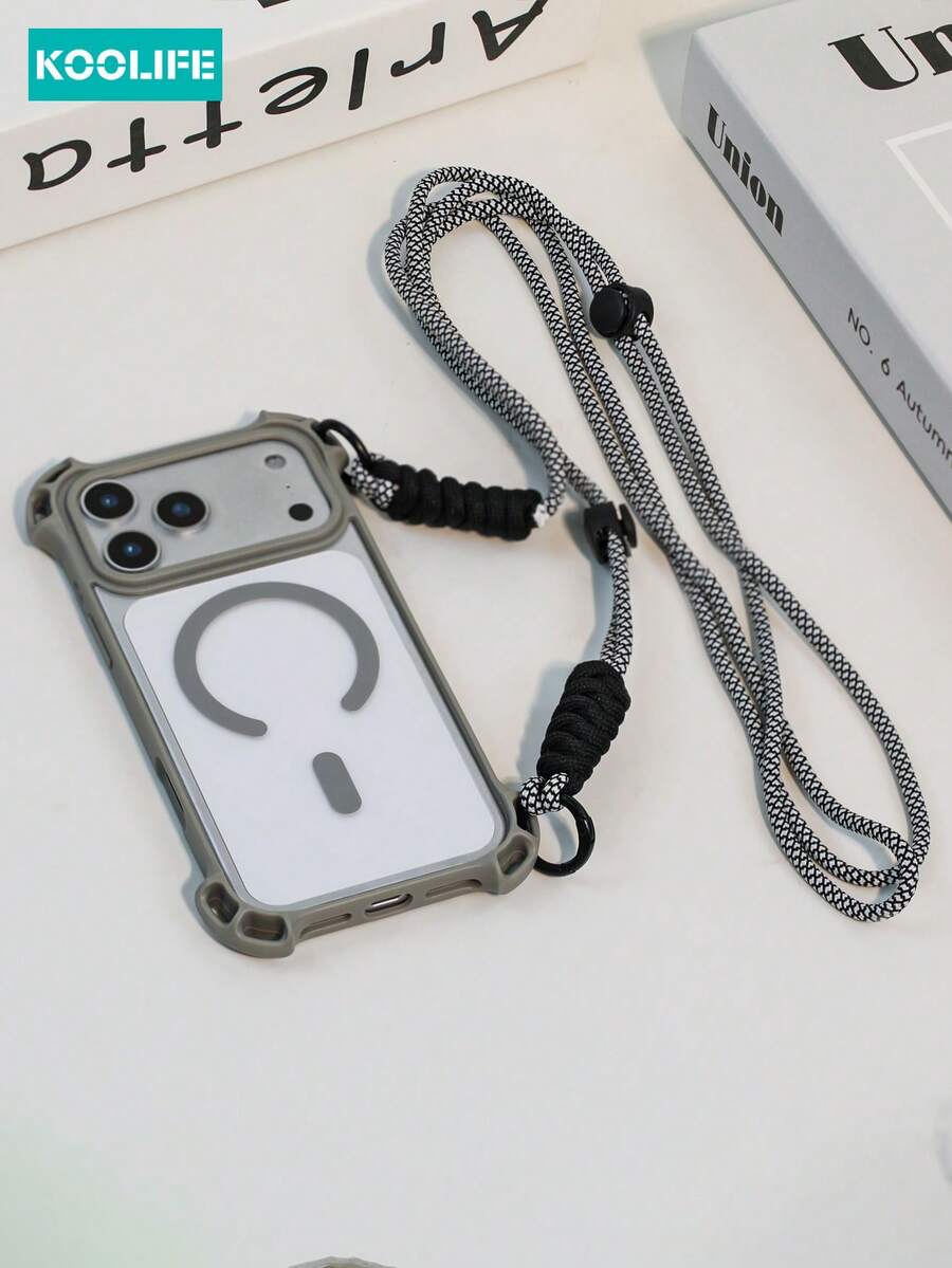 Koolife Juego de 2 piezas de funda de teléfono y correa [1 funda de teléfono a prueba de caídas de cuatro esquinas, 1 cordón desmontable], funda magnética transparente de PC+TPU con protección elevada para la lente, cordón cruzado, funda protectora anti-colisión, compatible con iPhone 13/13Pro/13ProMax/14/14Pro/14ProMax/14 Plus/15/15 Plus/15Pro/15ProMax/16/16Pro/16ProMax/17/17Pro/17ProMax - Gris - Ver 1