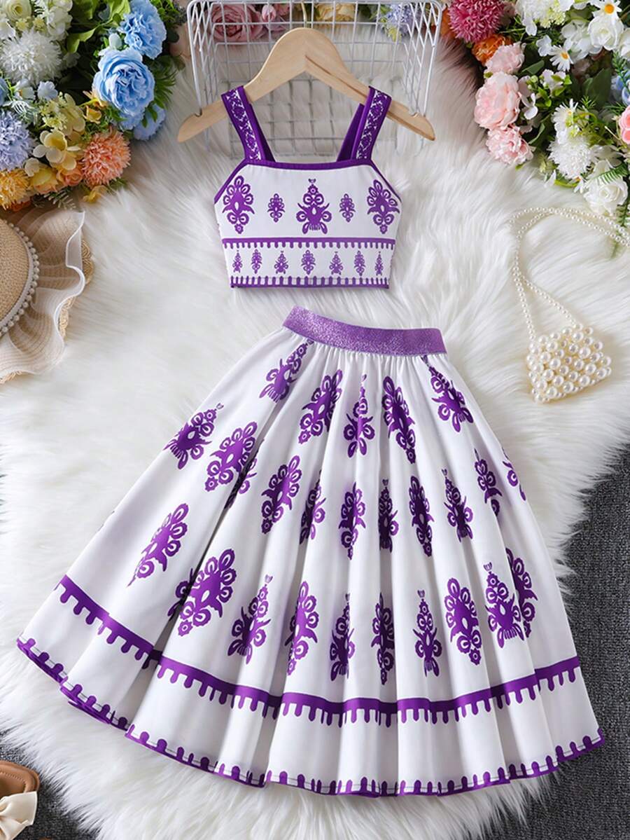 2pcs/Set Summer Camisole Top And Retro Printed Long Skirt - Purple - View 1