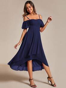 EVERPRETTY Vestido de dama de honor con hombros descubiertos y bajo asimétrico en unicolor, elegante y grácil para bodas de primavera - Azul Marino - Ver 3