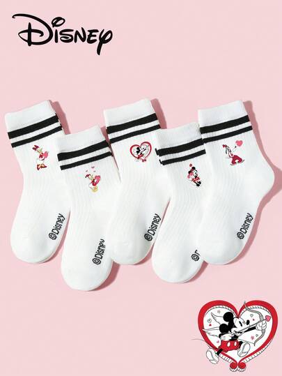  1/5 par Disney flick-/barndesignade sportstrumpor med dubbelstänger, personliga tecknade hjärtan och Mimmi Musse/Kalle Anka-mönster, mångsidiga andningsbara, fukttransporterande strumpor med mitten av vaden, enkla, avslappnade, fina, mjuka, hudvänliga college-spetsstrumpor, lämpliga för vardagsbruk, campusaktiviteter, fester, fritidsaktiviteter, flera kombinationer tillgängliga