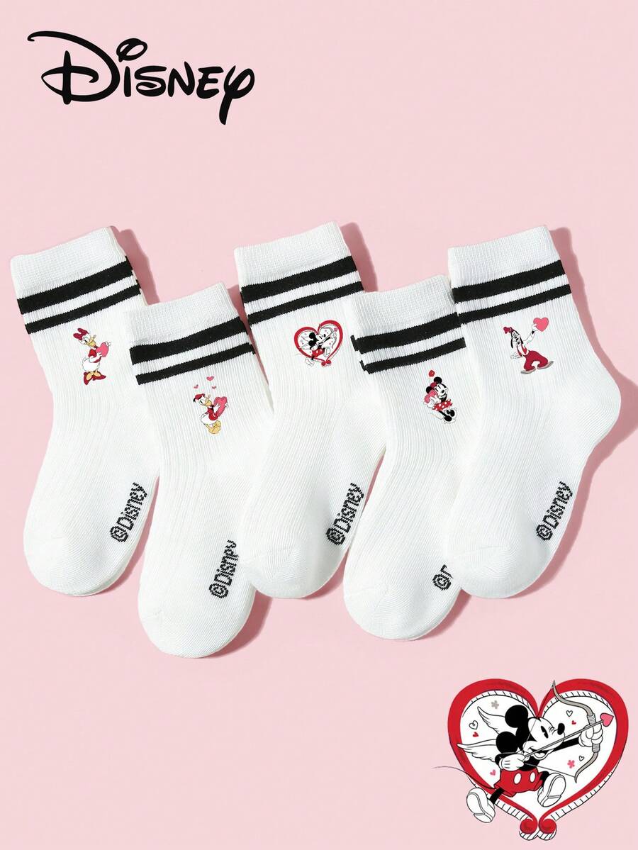 Disney 1/5双装迪士尼女孩/儿童设计运动双横条纹中筒袜，个性化卡通爱心米妮米奇/黛丝唐老鸭图案装饰，多功能透气吸湿中筒袜，简约休闲精致柔软亲肤学院风蕾丝袜，适合日常穿着、校园活动、派对、休闲活动，多种组合可选 - 彩色 - 查看 1