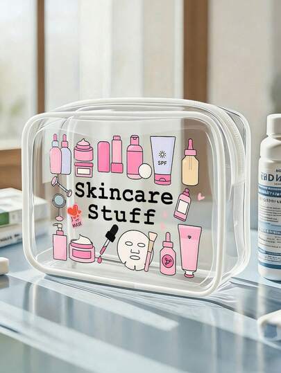 Letter Print PVC Cosmetic Bag "Skincare Products" Women's PVC Travel Organizer Bag With Zipper Closure, Lightweight, Fade-Resistant, Suitable For Ladies, Girls, TSA Approved, Easy To Wipe, Ideal Gift For Mothers, Teachers, Friends, Nurses, School, Vacation, Back To School, Waterproof Makeup Bag