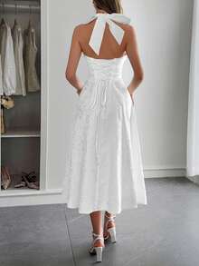 Unadoll 女士性感露背吊带连衣裙，3D提花面料，优雅款式，适合晚宴、约会、学校开学典礼、鸡尾酒会、婚礼、圣诞节、感恩节等场合，白色夏季款 - 白色 - 查看 3