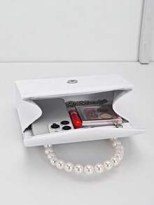 女士闪亮珍珠手提包 天鹅绒手拿包 迷你方形钱包，完美适用于派对、婚礼、舞会、晚宴、母亲节、情人节礼物 - 白色 - 查看 7