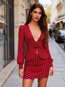 2pcs/Set Valentine's Day Polka Dot Long Sleeve Ruffle Blouse & Skirt Suit For Women Spring - Red - View 5