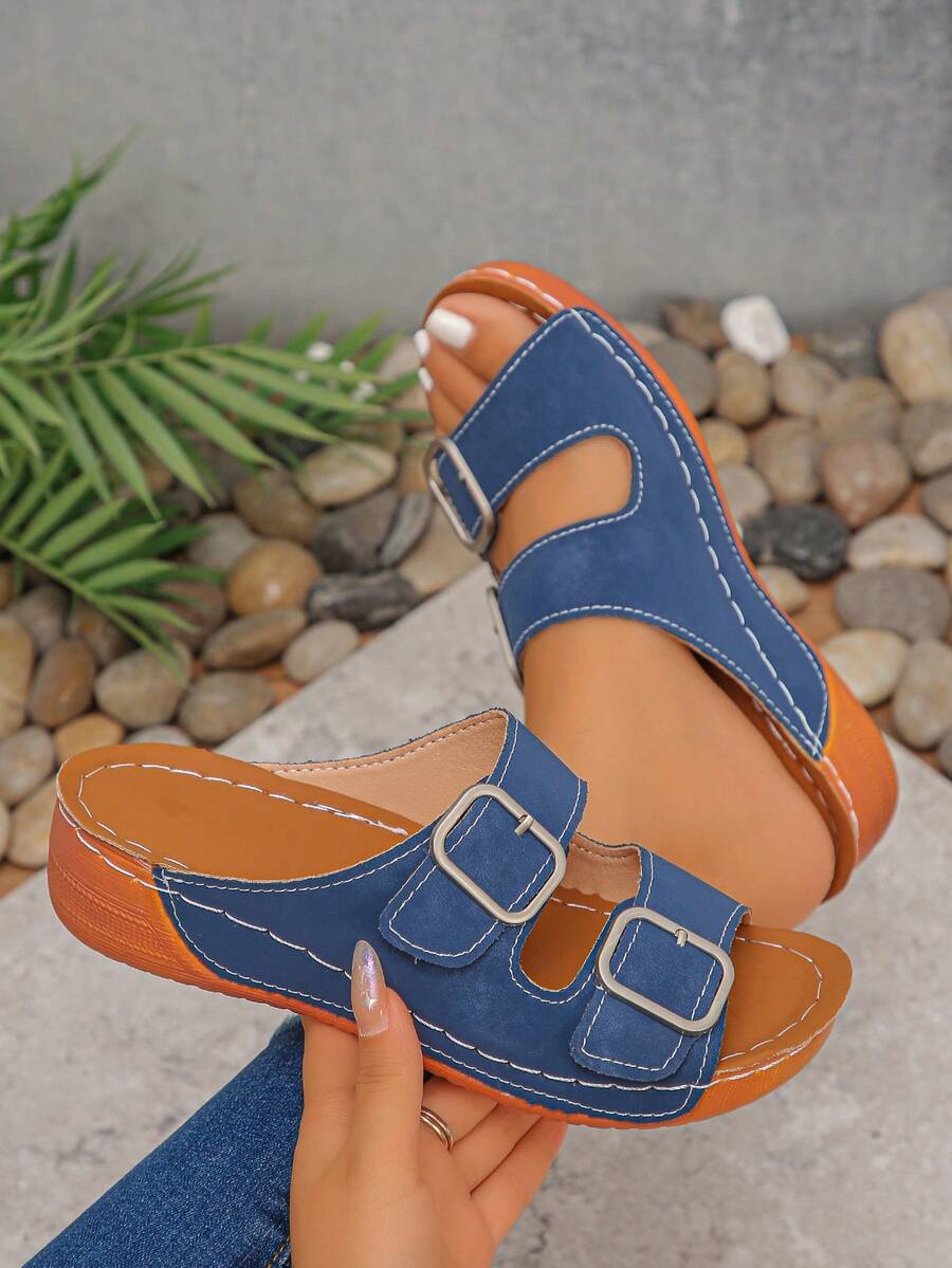 Plus Size EU36-45 Casual Blue Slip-On Sandals For Women, New Summer Thick Bottom Wedge Heel Non-Slip Comfortable Beach Holiday Casual Sandals - Color-changing Imitation Super Blue Frosted - View 1