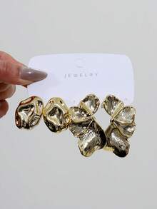 1 Pair - 6 Pairs New Popular European And American Style Earrings Irregular Texture Flower 3D Textured Leaf Exaggerated Earrings, Made Of High-Quality Lightweight Plastic, Suitable For Daily Wear, Parties, And Dates. - Gold - View 3