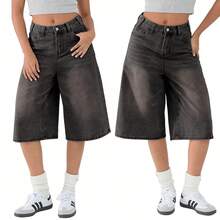 Valentine's Day Women Jean Jorts Baggy Loose Fit Jean Shorts 2026 Summer Wide Leg Long Denim Shorts Y2K Clothes - màu đen - Xem 1
