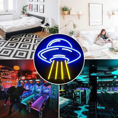 Alien Spaceship LED Neon Sign - USB-Powered Wall-Mounted UFO Light With Vibrant Green & Blue Colors, Durable Plastic Construction For Bedroom, Game Room, Beer Bar, Nightclub & Party Decor, Astronaut Decor, Quirky Lighting Solution, Wallmounted Design