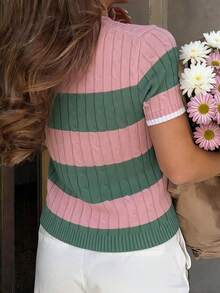 Just Masa Women Summer Casual Elegant Knit Top, Striped Contrast Color Textured Round Neck Short Sleeve Stretchy Fitted Minimalist Cute Lady Pullover Sweater, Suitable For Beach, Travel, Commute, Date, Daily Wear - Pink and Green Stripes - View 8