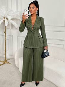 AIJ Amarilo Women's Autumn/Winter Lapel Padded Shoulder Striped Jacket And Wide Leg Pants With Pockets Suit 2 Pieces Set, Army Green, Suitable For Office Business Formal, Commute, Daily, Holiday Matching Set - Green - View 4