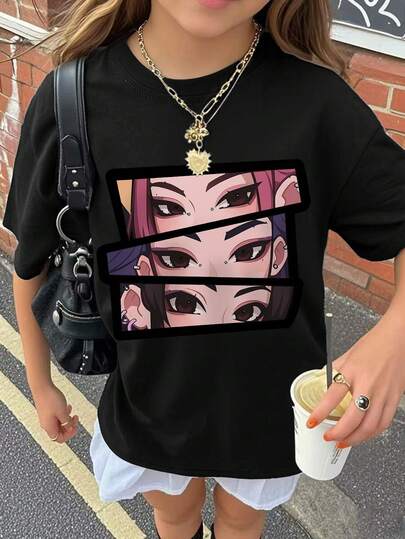1 Piece Oversized Anime Eyes T-Shirt For Girls, Comic Style Graphic Top, Soft & Comfortable Fabric, Popular Summer School Wear