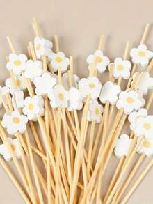 1/50/100pcs Sweet Daisy Theme Food Picks, Flower Dessert Fruit Forks, Toothpick Sticks, Flower Picks, Perfect For Drinks, Desserts, Appetizers, Fruits And Dessert Decoration, Party, Wedding, White Mini Food Picks Suitable For Decoration, Kitchen, Summer Party, Fun Drink Accessories, Holiday Birthday Party Decoration Supplies - Multicolor - View 4