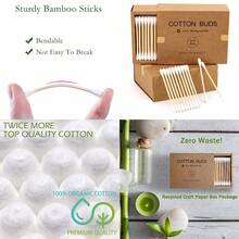Bamboo Cotton Swabs 400 Count - Vegan Cotton Buds - Natural Wooden Ear Sticks With Double Tipped - Organic Cotton Swabs For Ear Wax Removal - 500裝 - 查看 2