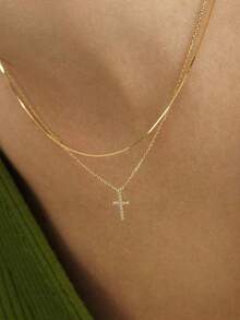 2 st/set Fashionabelt Casual Guldfärgat Kubiskt Zirkonia Korshänge Dubbelskiktat Halsband Set För Damer - Gult guld - Visa 1