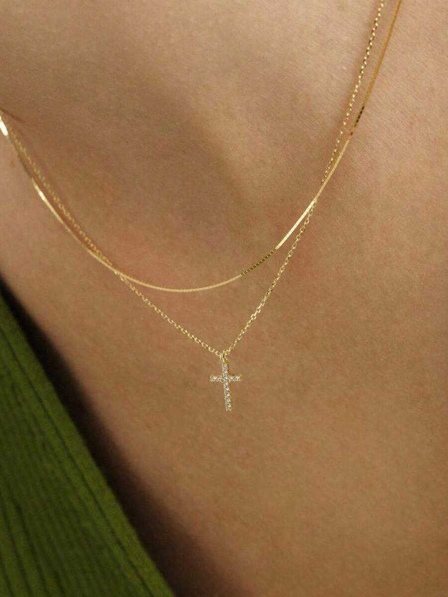 2 st/set Fashionabelt Casual Guldfärgat Kubiskt Zirkonia Korshänge Dubbelskiktat Halsband Set För Damer - Gult guld - Visa 1