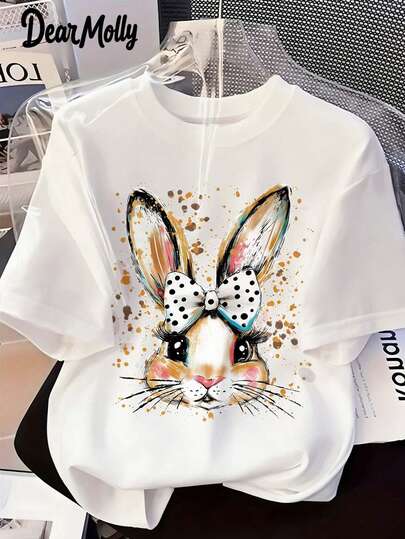 DEAR MOLLY Oversized Easter Bunny Print Women T-Shirt, Cute Easter Dropped Shoulder Short Sleeve Tee, Easter Gift, Suitable For Casual, Outdoor, Party, Holiday Wear