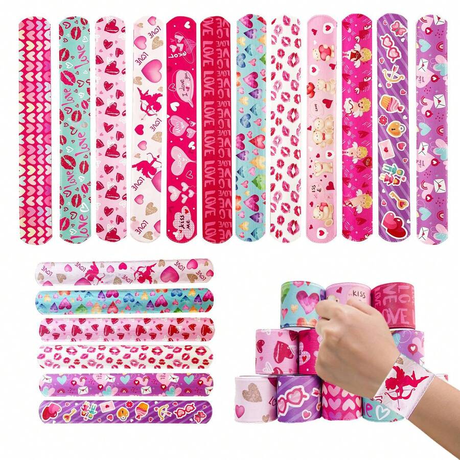 12/24pcs Random Valentine's Day Clapping Bracelets, Cupid Heart Clapper Rings, Valentine's Party Favors Clapper Bracelet Gifts - Pink - View 1