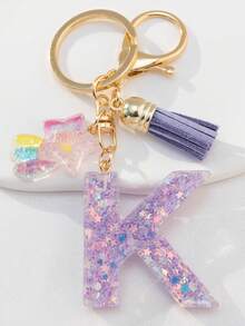 星形英文字母树脂钥匙扣，饰有彩色流星紫色流苏，适用于包包链、手机挂链、钥匙扣，也是送给朋友和母亲的礼物。 - 紫丁香色 - 查看 39