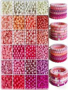 粉色粘土珍珠串珠手链DIY套装，包含米珠和亚克力珠，手工珠宝材料，适合情人节和友谊手链 - 情人粉紅色 - 查看 2