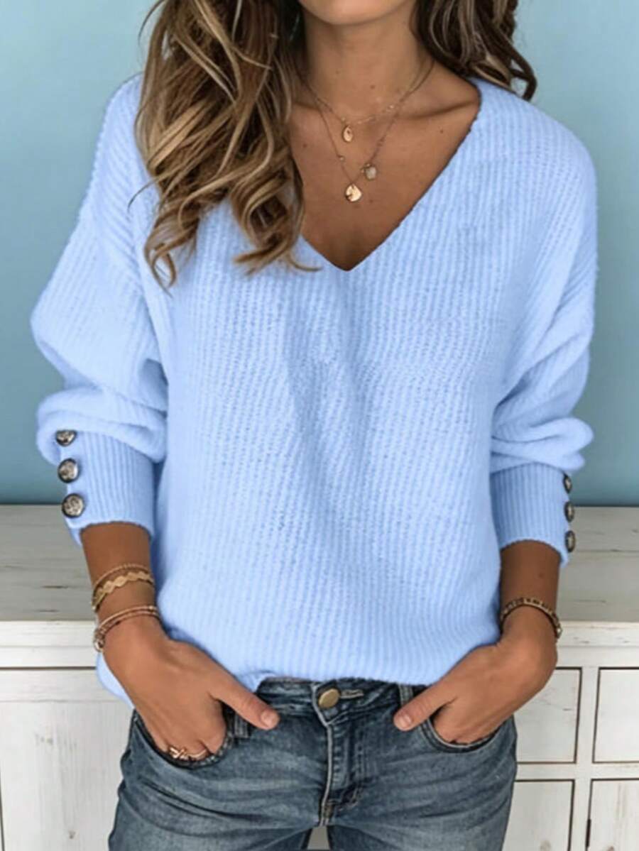 Women's Ribbed V-Neck Button Cuff Oversized Top - Multi-Color Casual Outdoor Blouse RibbedVNeckBlouse CasualOutdoorTop - Màu xanh dương (Phiên bản nâng cấp) - Xem 1