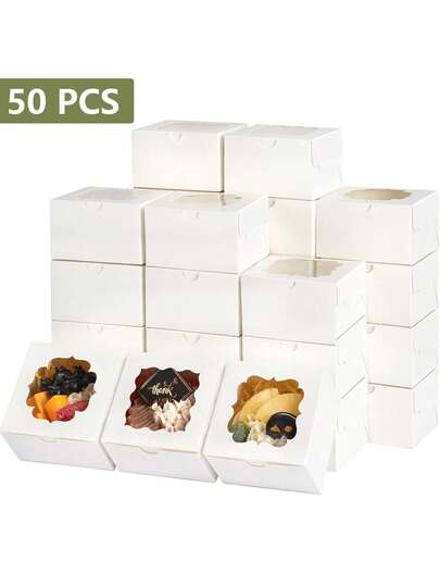 50 cajas pequeñas para galletas, 10x10x6.5CM, cajas de panadería con ventana, recipientes de embalaje de productos horneados para cupcakes, postres, macarrones, chocolates, donas