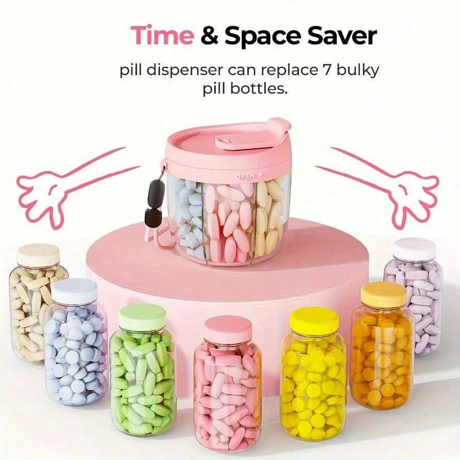 Portable Pill Dispenser Bottle, Vitamin Organizer With 7 Compartments, Holds Plenty Of Supplements With Anti-Mixing & Wide Openings Design, Easy To Retrieve Meds - 藍色 - 查看 1