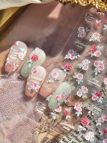 1 Sheet 5D Embossed Rhinestone Nail Stickers, Fresh Style Red Rose Pattern Self-Adhesive Manicure Decals For Girlfriend Valentine's Day Gift - Multicolor - View 11