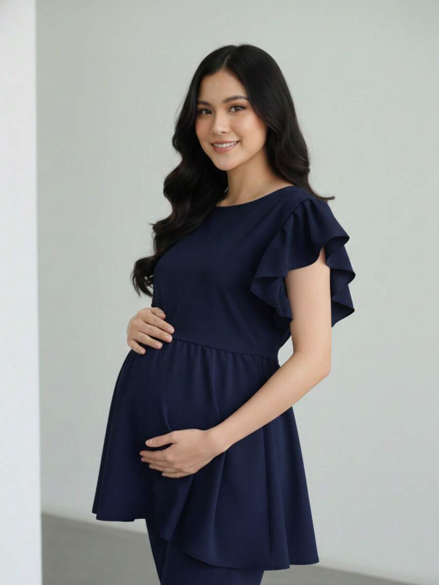 Sweet Microfiber Pleated Surgical Uniform For Maternity And Pregnancy - Navy Blue - View 1