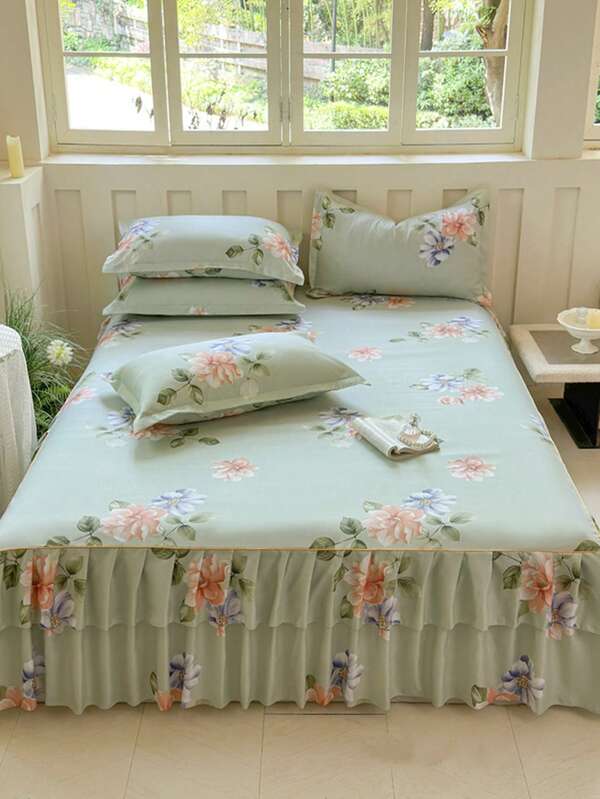 1pc Active Print Bed Skirt, Colorfast, Non-Pilling, Skin-Friendly, Soft, Double Ruffle Design, Suitable For Home Bedroom, Student Dorm, Outdoor Travel
