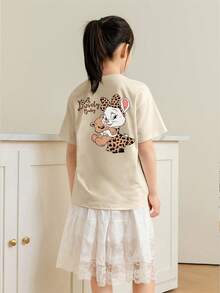 Baby Girls Bear Rabbit Cartoon Printed Round Neck Short Sleeve Cute Top - Apricot - View 2