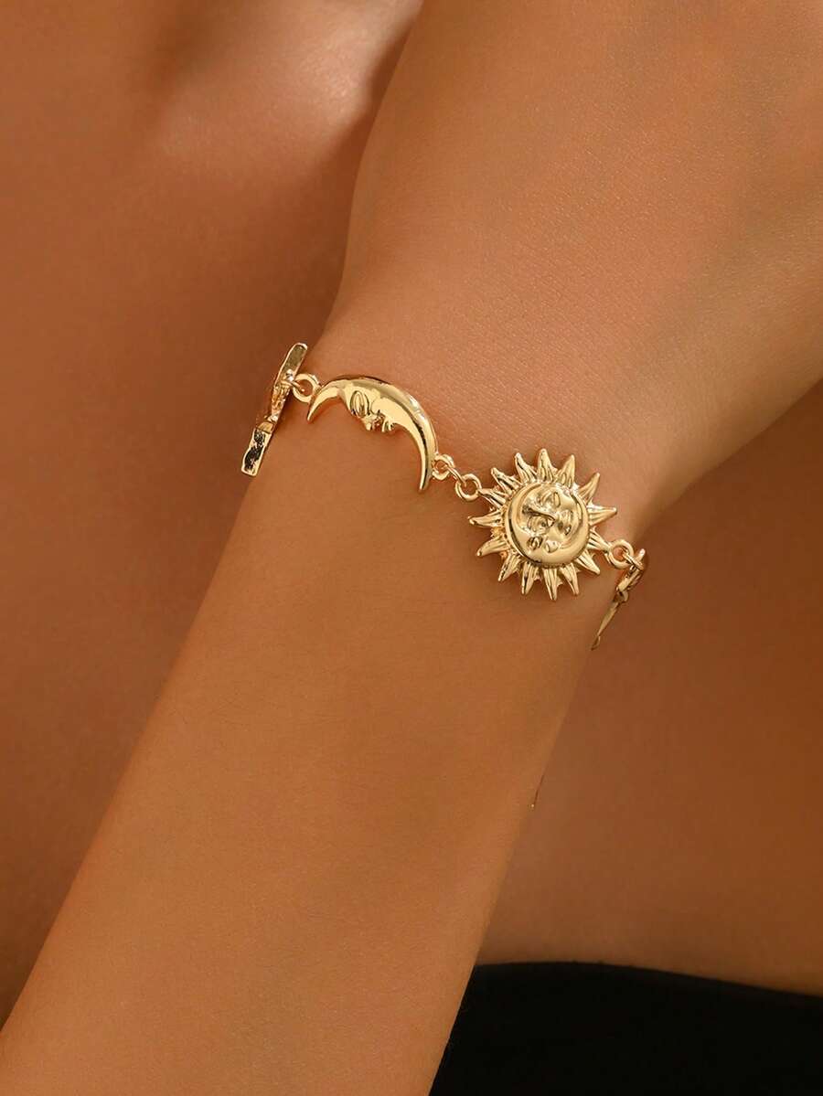 1 chiếc vòng tay trang trí hình ngôi sao, mặt trăng và mặt trời tối giản, thanh lịch, phụ kiện trang sức mạ vàng thủ công cổ điển, thích hợp để đeo hàng ngày. - Nhiều màu - Xem 1