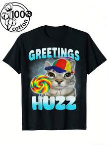 Men's T-Shirt Funny Greetings Huzz T-Shirt, Humor Cat Alpha Shirt, Short Sleeve Tee For Men Women, Top Shirt Gift For Boyfriend HusbandMen's Casual Short Sleeve T-Shirt – Basic Summer Tee For Men (S-XXXL) , Vintage, Shirts, Graphic Tees, , Funny T Shirts, Graphic Tees, Western, White Graphic Tees - 黑色 - 查看 1