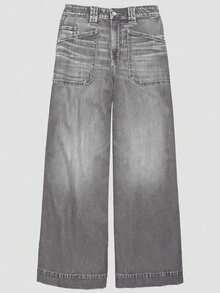 Blue High Waist Straight Leg Jeans For Women, Elastic Skinny Loose Wide Leg Dragging Pants, Autumn/Winter - Light Grey - View 5