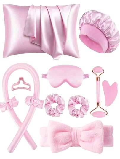 一套美发造型工具，包括卷发棒、面部按摩器、1个真丝枕套（皇后尺寸，呵护秀发和肌肤）、免加热真丝卷发棒、夜间卷发棒、1个柔软睡眠眼罩、女士面部按摩滚轮、免加热真丝卷发棒、女士面部按摩滚轮、护发产品及配件、沙龙级美发产品及配件、返校必备、旅行必备
