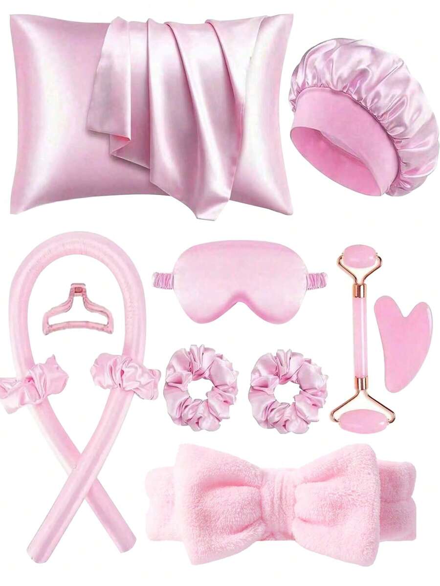 一套美发造型工具，包括卷发棒、面部按摩器、1个真丝枕套（皇后尺寸，呵护秀发和肌肤）、免加热真丝卷发棒、夜间卷发棒、1个柔软睡眠眼罩、女士面部按摩滚轮、免加热真丝卷发棒、女士面部按摩滚轮、护发产品及配件、沙龙级美发产品及配件、返校必备、旅行必备