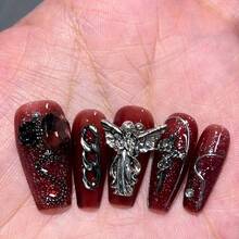 10 Pieces Of Hand Pressed Nail Art, Spring/Summer Nail Polish, Fake Nails, DIY, Dark Nipples And Cross Nail Accessories Red Nails For Girls, Ladies To Use In Weddings, Stages, Proms, Parties, Holidays, Vacation Scenes - SJ0363-L - 查看 3