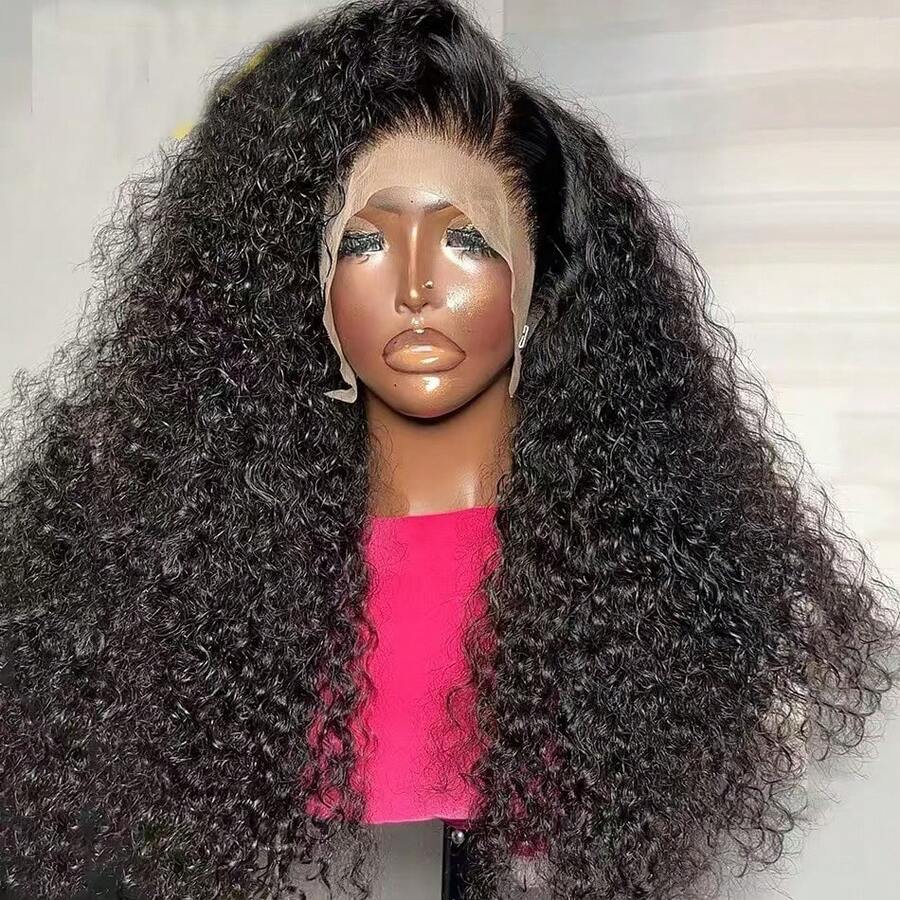 ZHUICHAO [26Inch Kinky Curly Wig] 1B# 26 Inch Curly Wave Natural Blended Hair Wigs 13x4 Large Area Transparent Lace Front Wig 180% Density Pre-Plucked Bady Hair & Pre-Bleached Natural Look Multi-Style Versatile For Everyday & Special Occasions Soft Texture Hair - 1B# - View 1