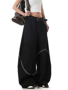 Women's Baggy High Waist Oversized Wide-Leg Denim Pants Detachable Belt Silver Chain Embroidery Loose Casual Streetwear Grunge Barrel Jeans - 黑色 - 查看 3