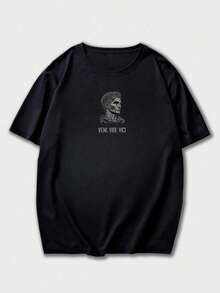 GRDR 男士复古印花休闲圆领短袖T恤，舒适时尚 - 黑色 - 查看 6