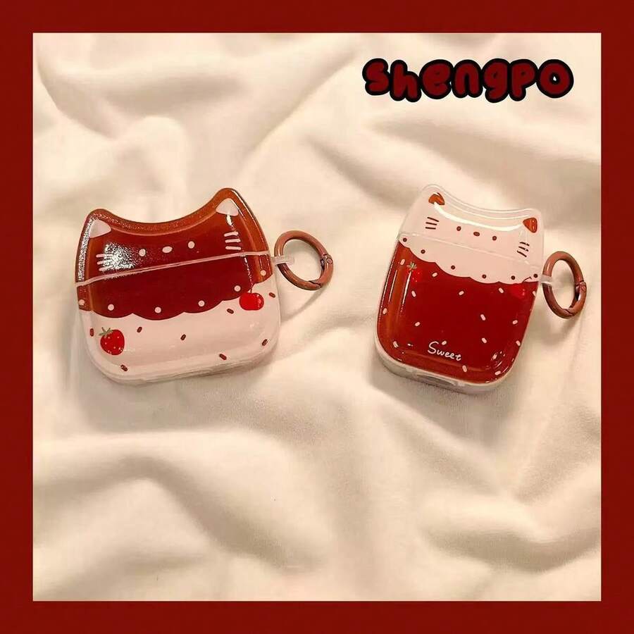 1 套全新可爱不对称猫咪草莓设计无线蓝牙耳机保护套，兼容苹果 Pro 第三/四代 - 彩色 - 查看 1