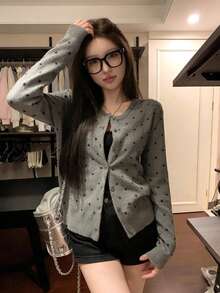 Women's Long Sleeve Polka Dot Contrast Color Cardigan Jacket, Suitable For Commuting Fall - Grey - View 4